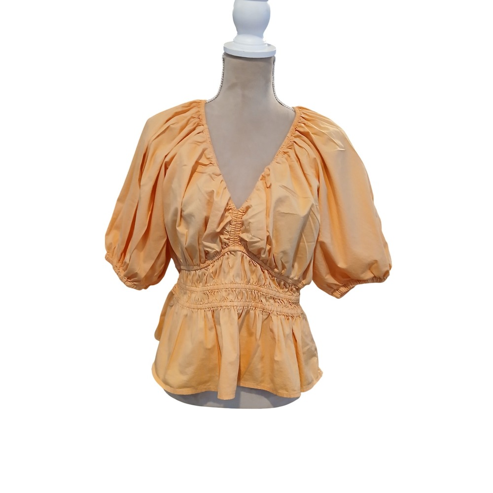 Old Navy Med Tall Orange Cotton Puff Sleeve Smocked Peplum Blouse V-Neck Top
